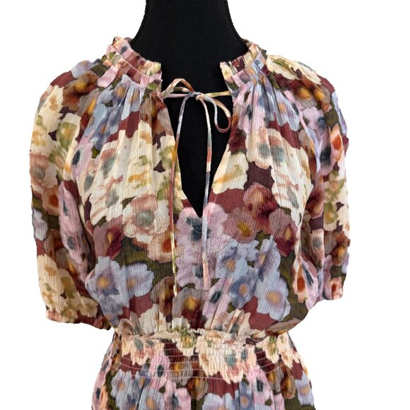 Rails Fiorella Floral Tie Neck Dress Size L Plissé Midi Short Sleeve Lined - Picture 9 of 12